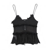 Black Bow Mesh Translucent Ruffle Trim Spaghetti Strap Tank Top